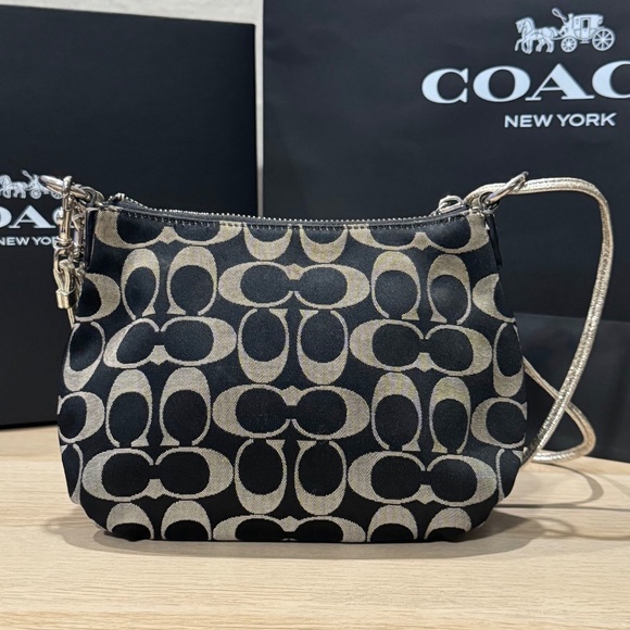 Coach Poppy Signature Pleated Crossbody Bag in Black/Grey Metallic Silver - Picture 3 of 11